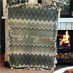HANDMADE BLANKET -- Reversible Sofa Blanket, Green w/Saying, White W/Snowflakes